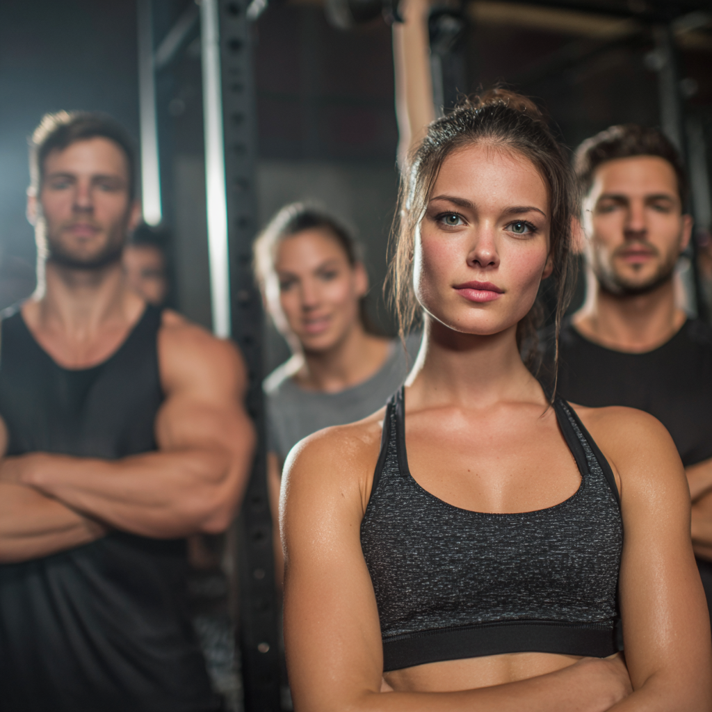 Grup divers de adulți români zâmbitori care celebrează progresul lor în fitness într-un mediu modern și motivant